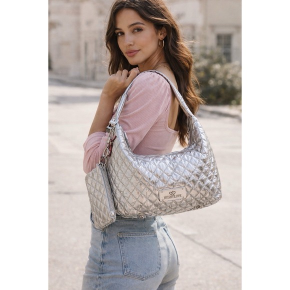 HeartLove by Charo Handbags - Heart Love by Charo Silver Quilted Shoulder Bag Metallic Y2K Handbag w Pouch NWT